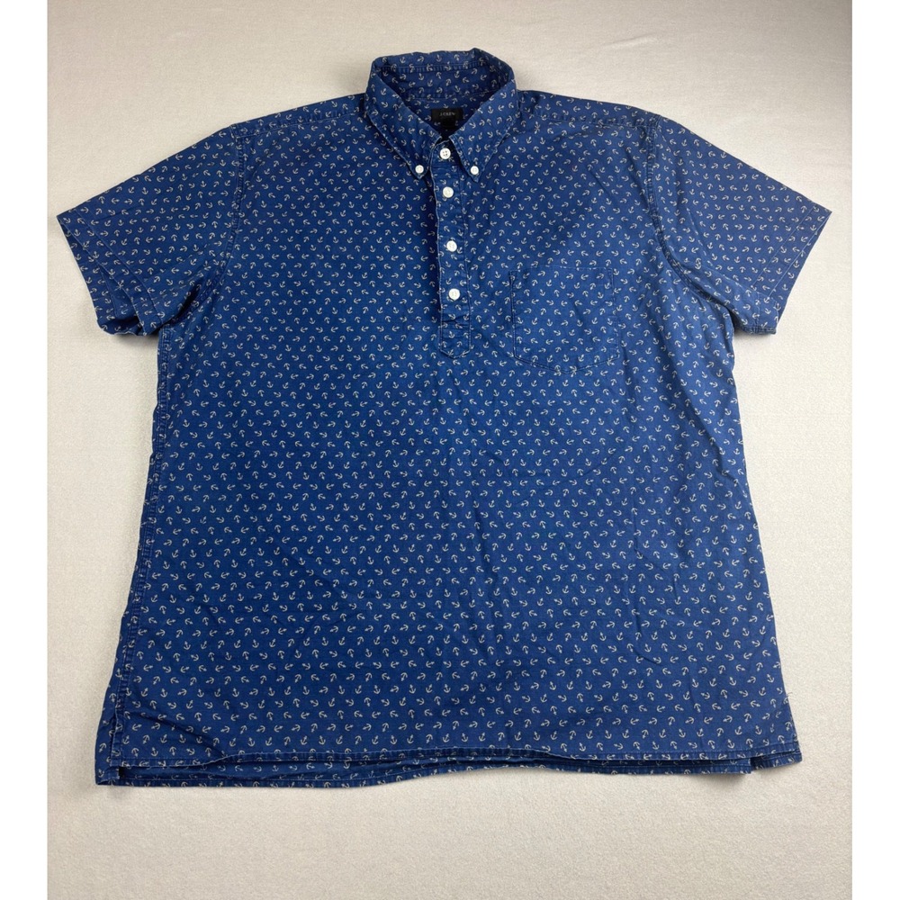 J.Crew Mens XL Popover Shirt Blue Anchor Print Short Sleeve Button Down Casual